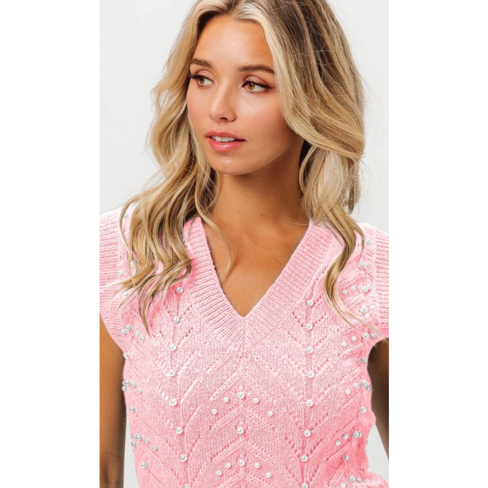 Women's Bibi Pink Sleeveless V-Neck Sweater Vest with Pearl Embellishments L